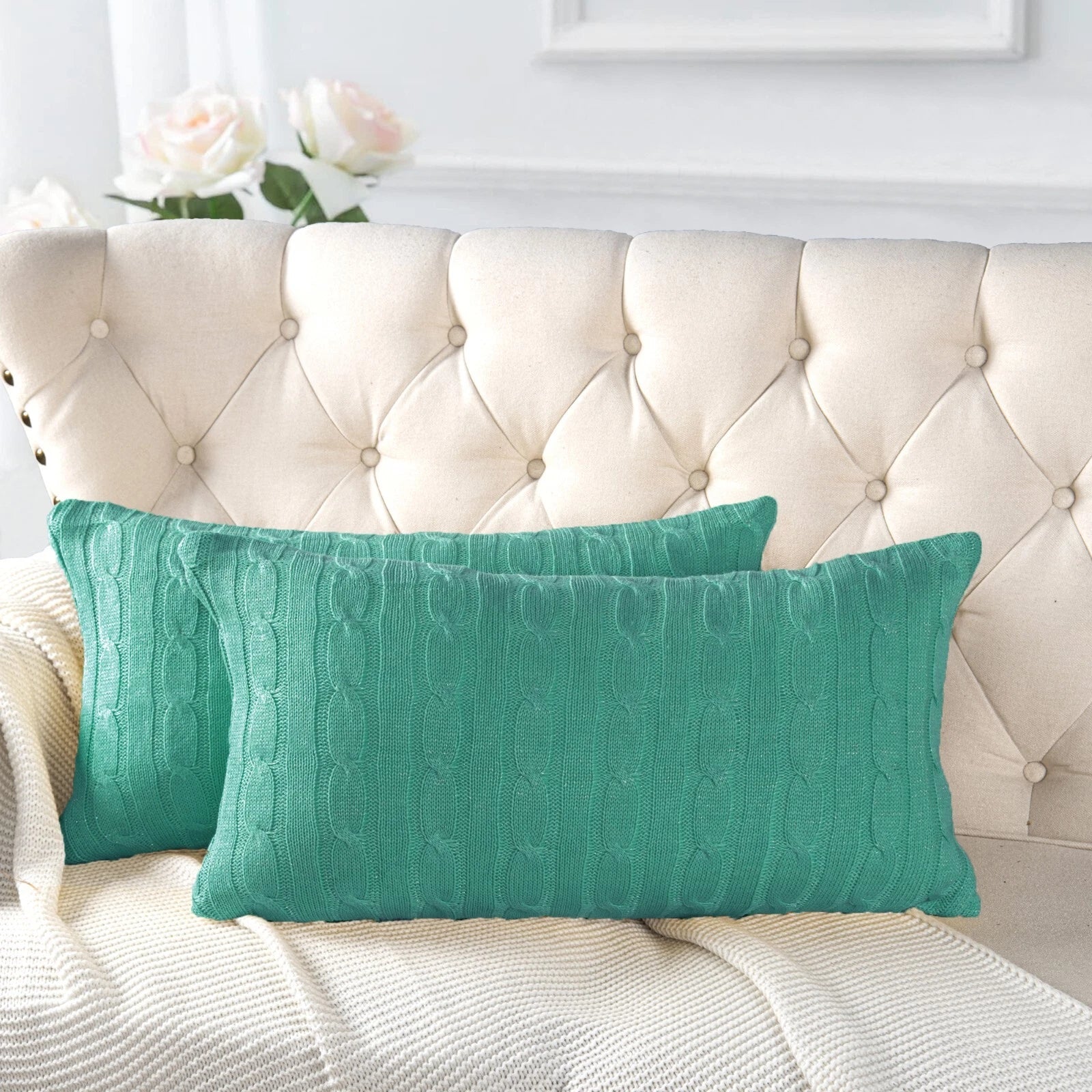 2x Cable Knit Decorative Throw Pillow Cover Square Warm Cushion Cover for Couch