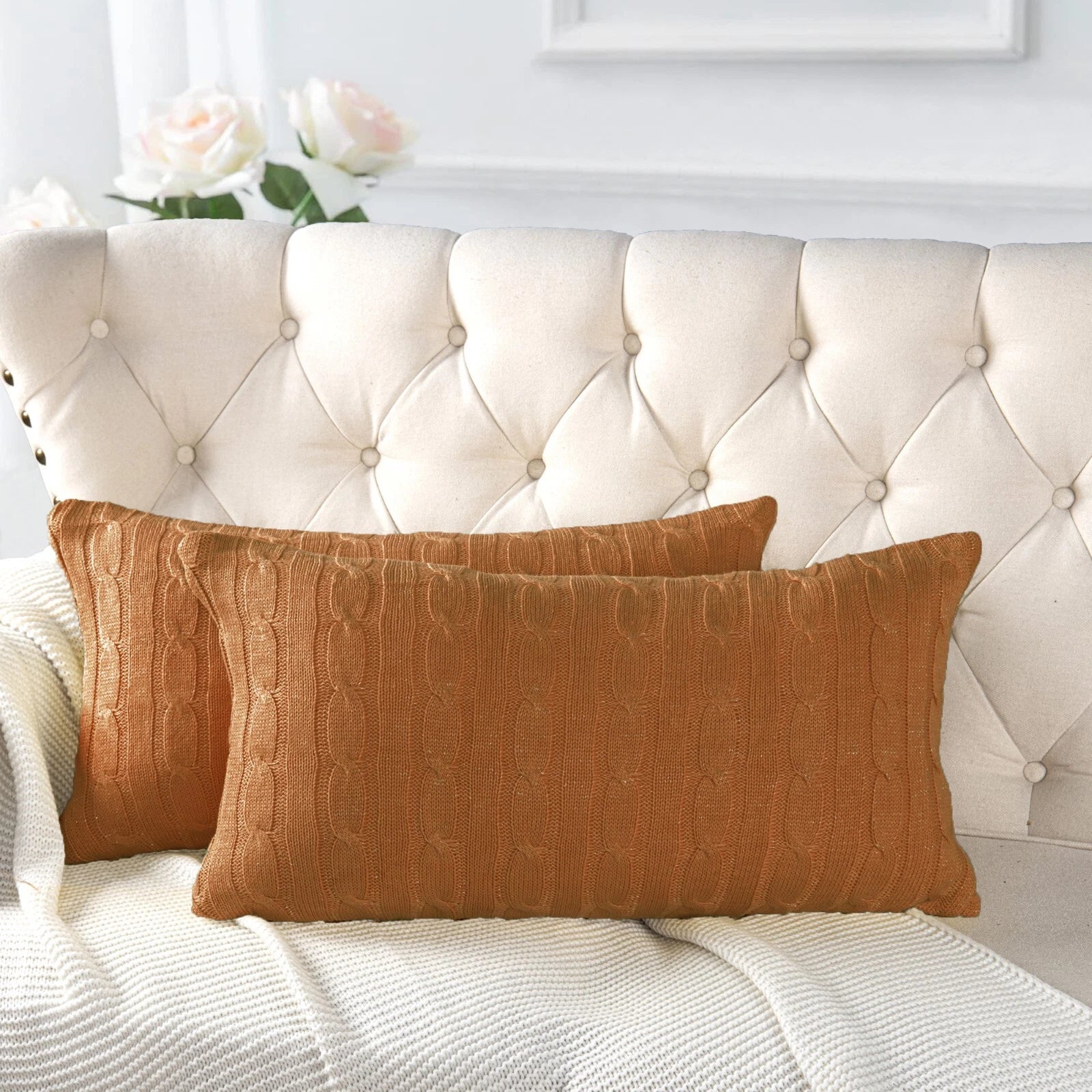 2x Cable Knit Decorative Throw Pillow Cover Square Warm Cushion Cover for Couch