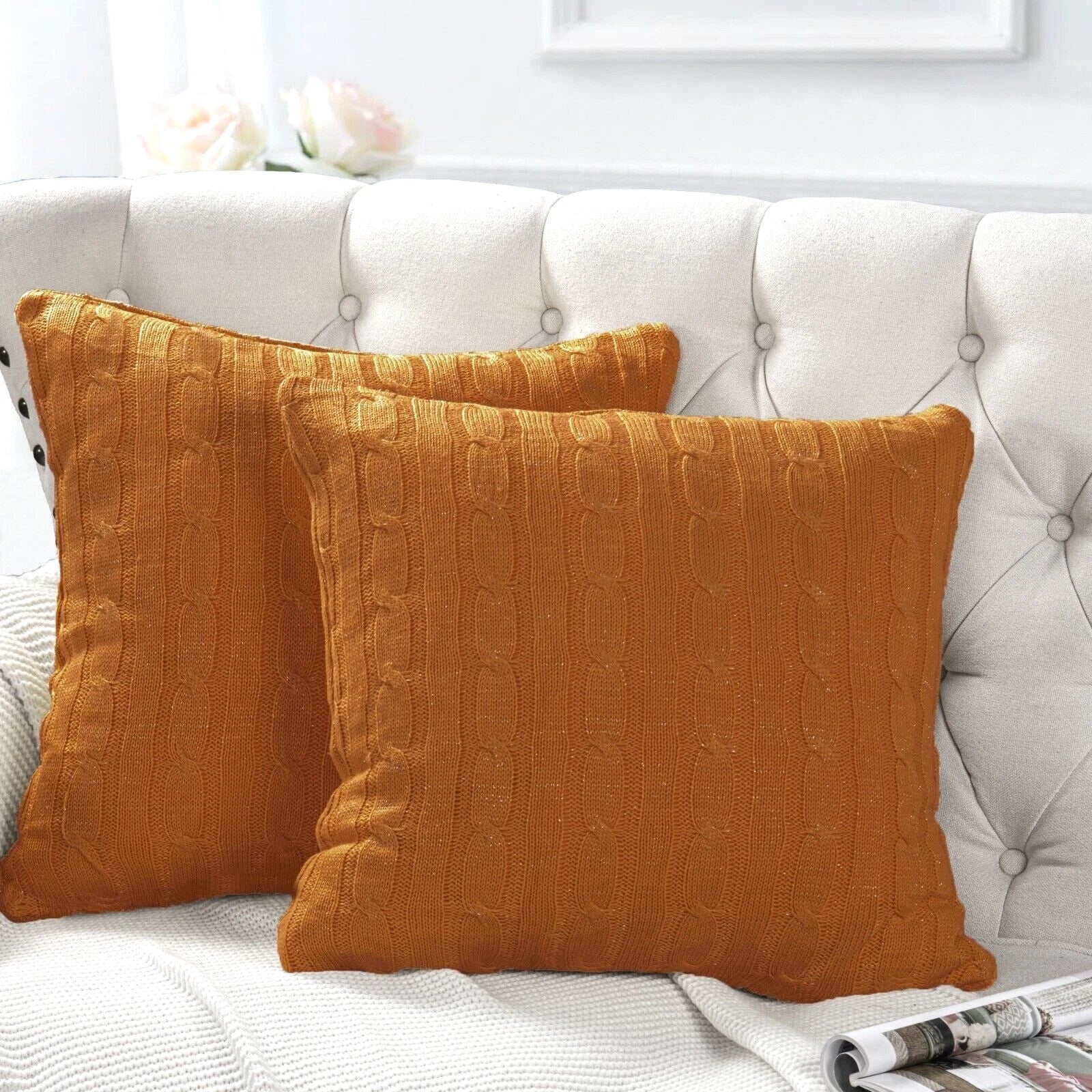 2x Cable Knit Decorative Throw Pillow Cover Square Warm Cushion Cover for Couch