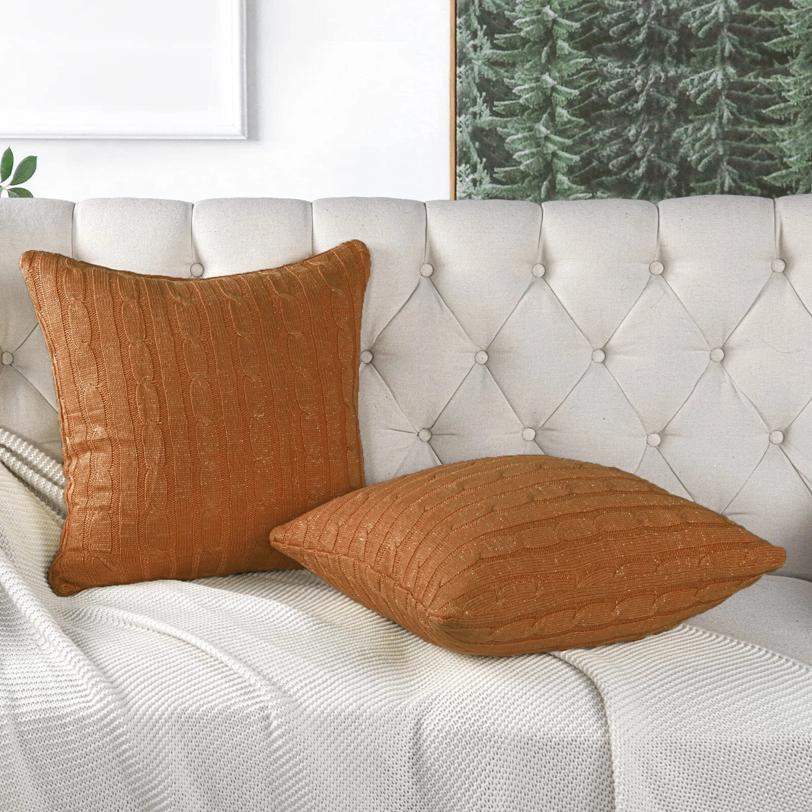 2x Cable Knit Decorative Throw Pillow Cover Square Warm Cushion Cover for Couch