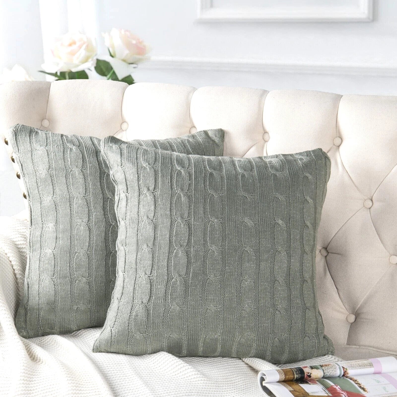 2x Cable Knit Decorative Throw Pillow Cover Square Warm Cushion Cover for Couch