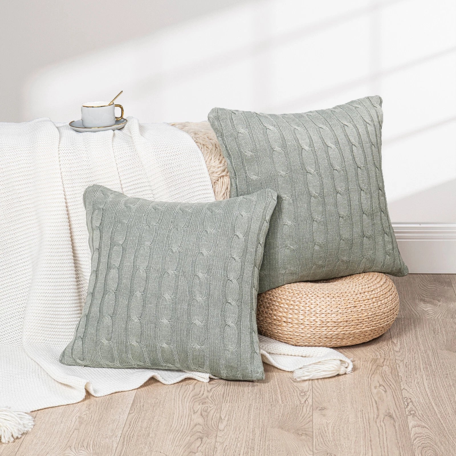 2x Cable Knit Decorative Throw Pillow Cover Square Warm Cushion Cover for Couch