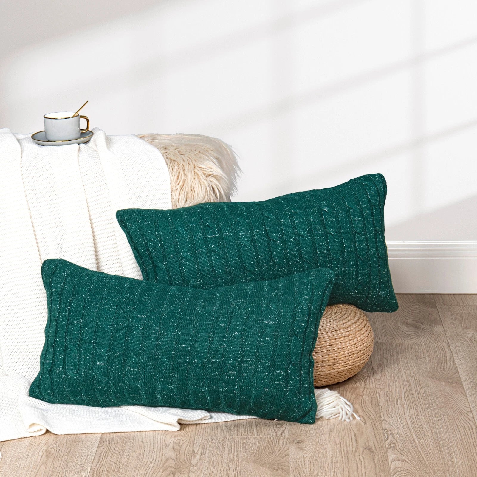 2x Cable Knit Decorative Throw Pillow Cover Square Warm Cushion Cover for Couch