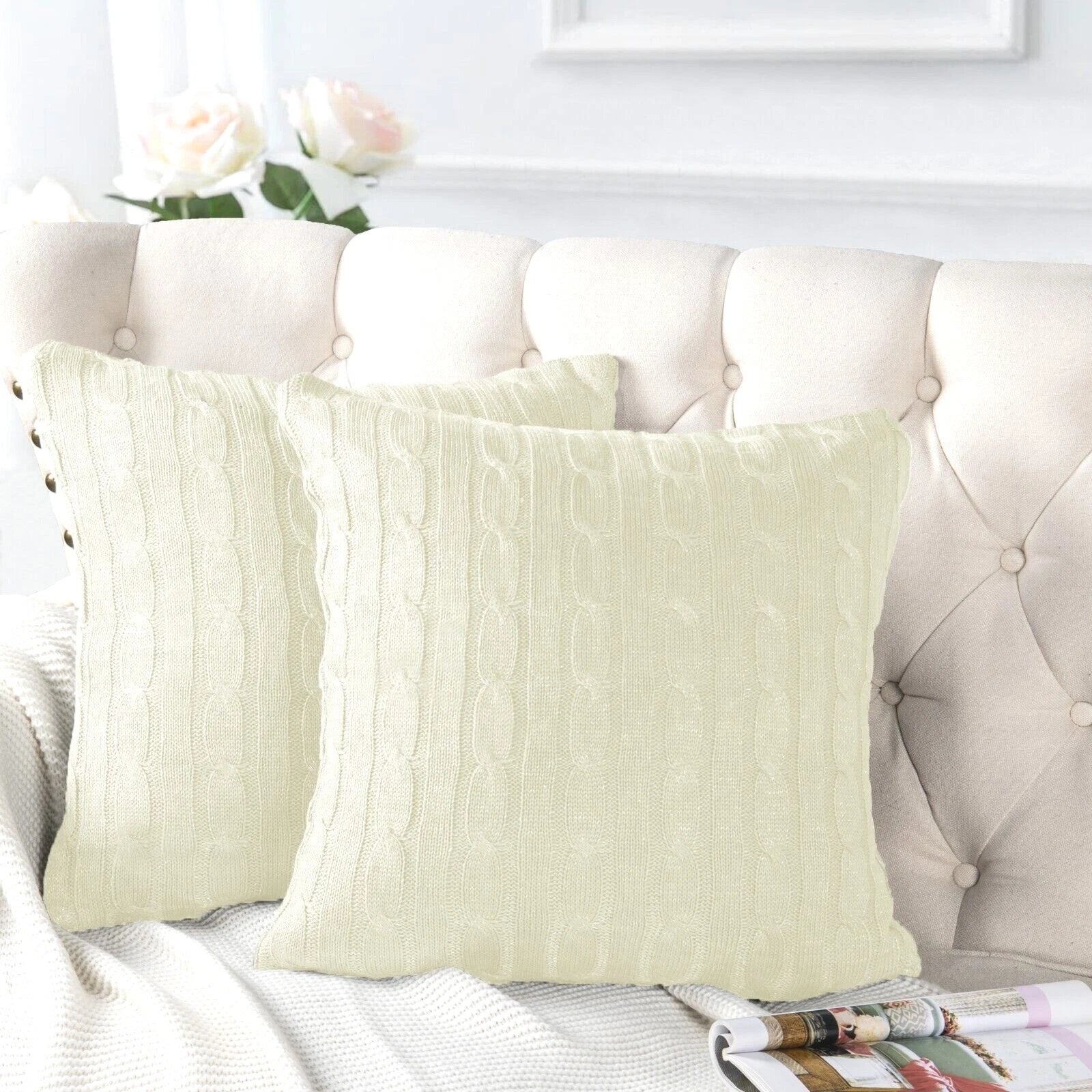 2x Cable Knit Decorative Throw Pillow Cover Square Warm Cushion Cover for Couch