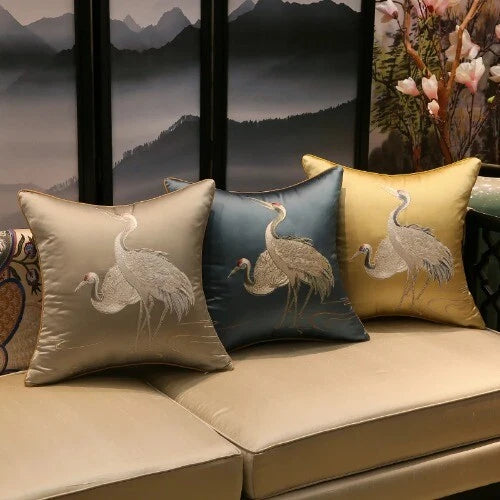 ChineseStyle Crane Hugging Pillowcase Living Room Sofa Embroidered Cushion Cover