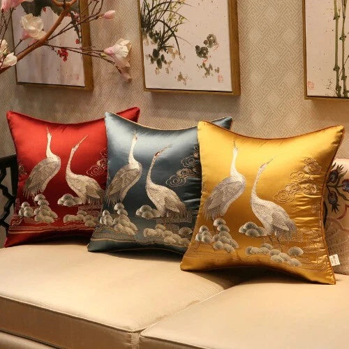 ChineseStyle Crane Hugging Pillowcase Living Room Sofa Embroidered Cushion Cover