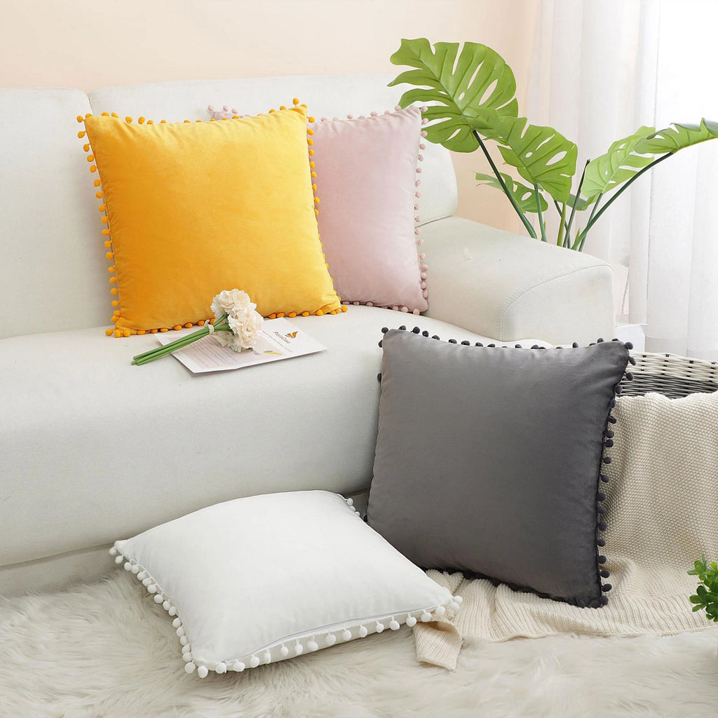 Velvet Pillow Cover with Pompoms for Sofa Bed 1PCS
