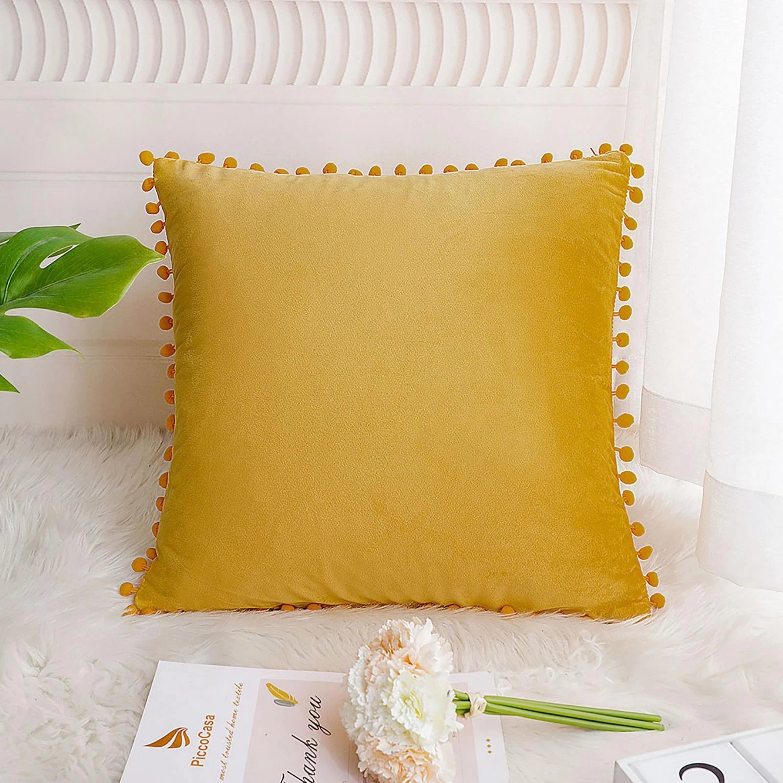 Velvet Pillow Cover with Pompoms for Sofa Bed 1PCS