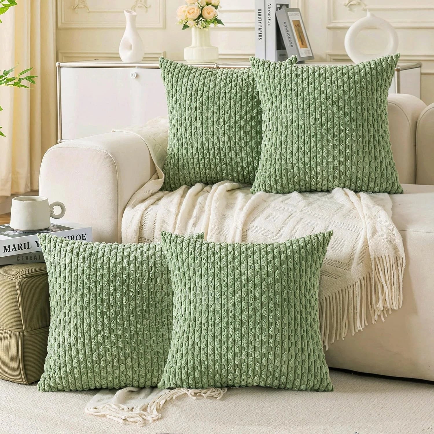 Cozoomy Set of 4 Neutral Decorative Throw Pillow Covers 18x18 Inch Corduroy Pill