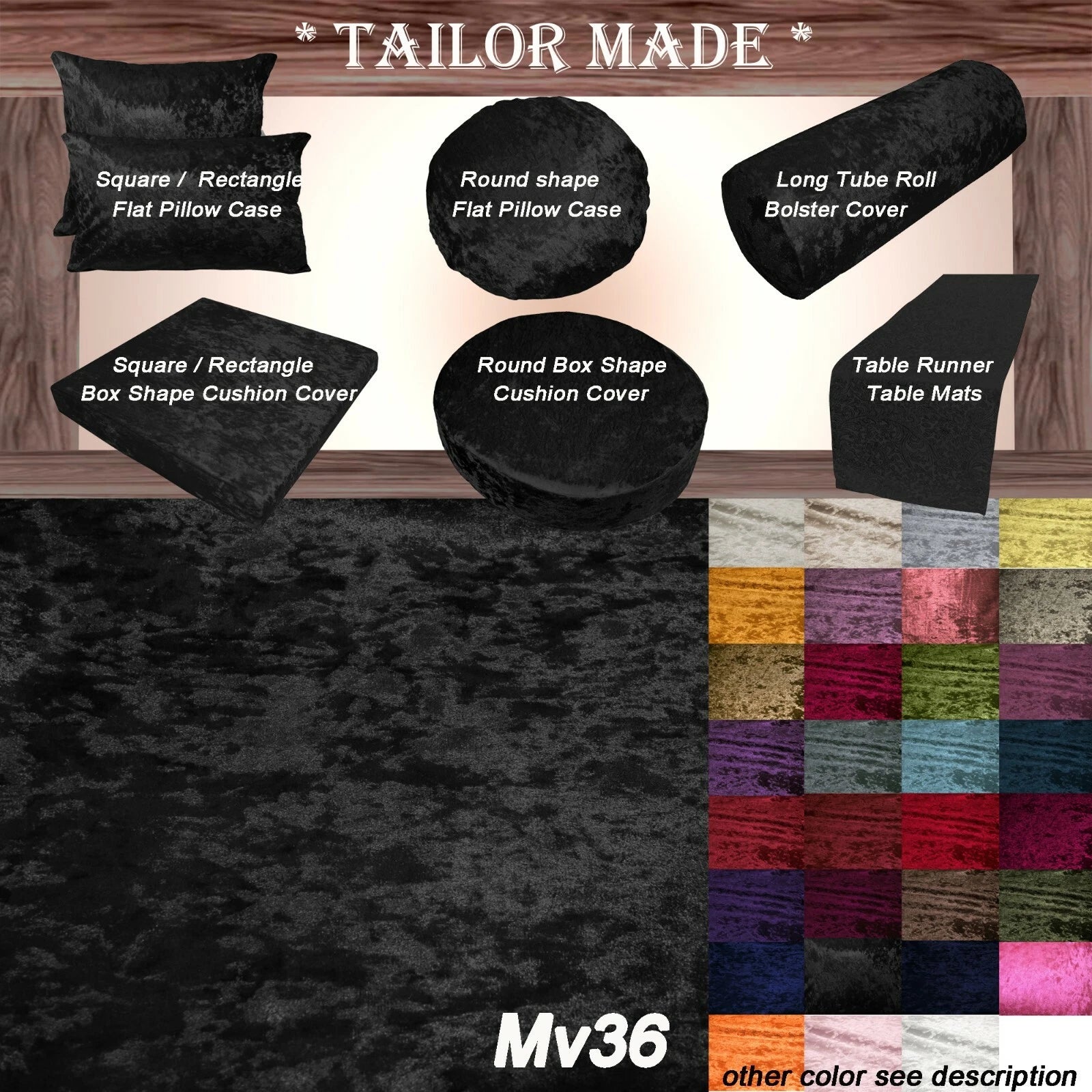 Mv36 Black Crushed Velvet Sofa Seat Patio Bench Box Cushion Bolster Cover/Runner