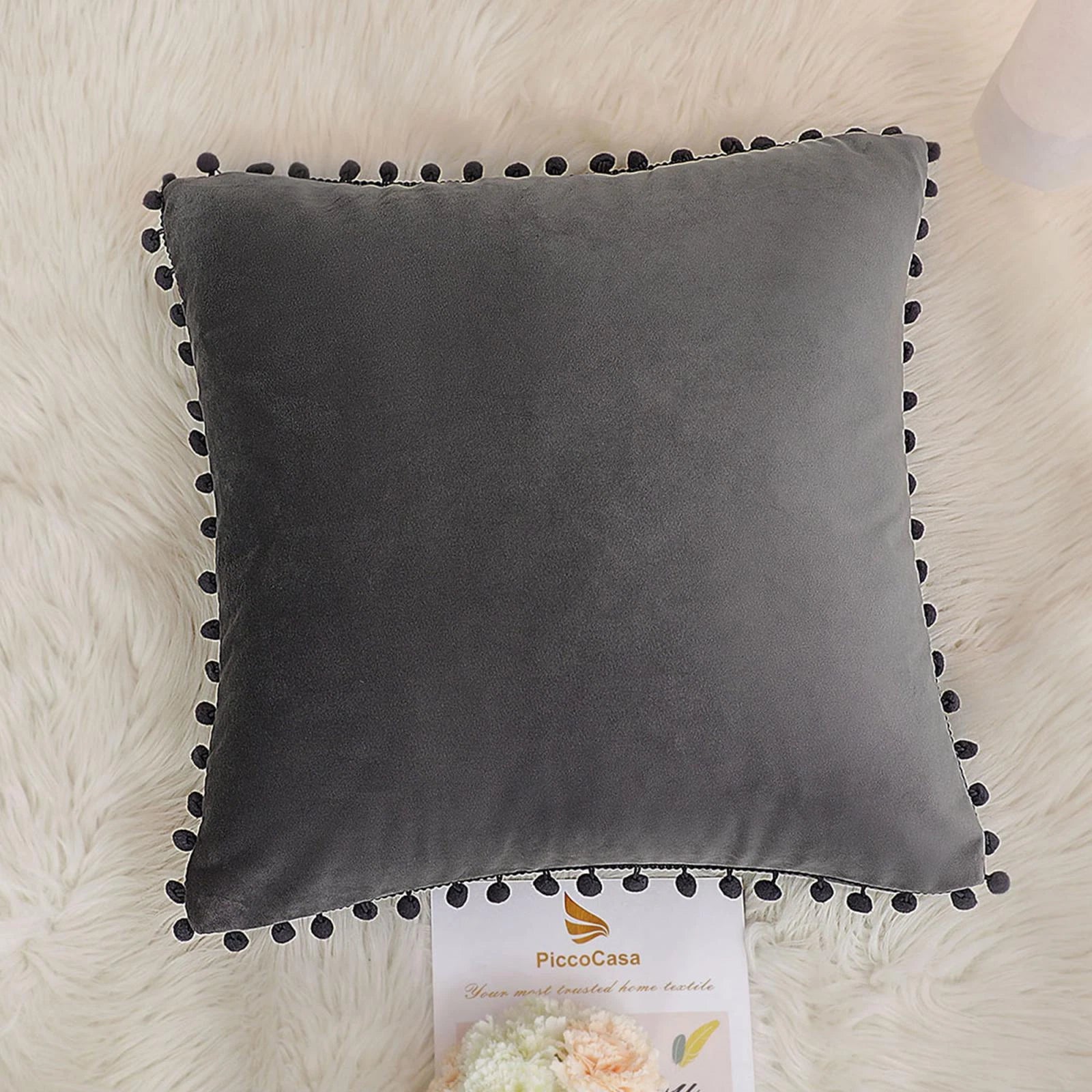 Velvet Pillow Cover with Pompoms for Sofa Bed 1PCS