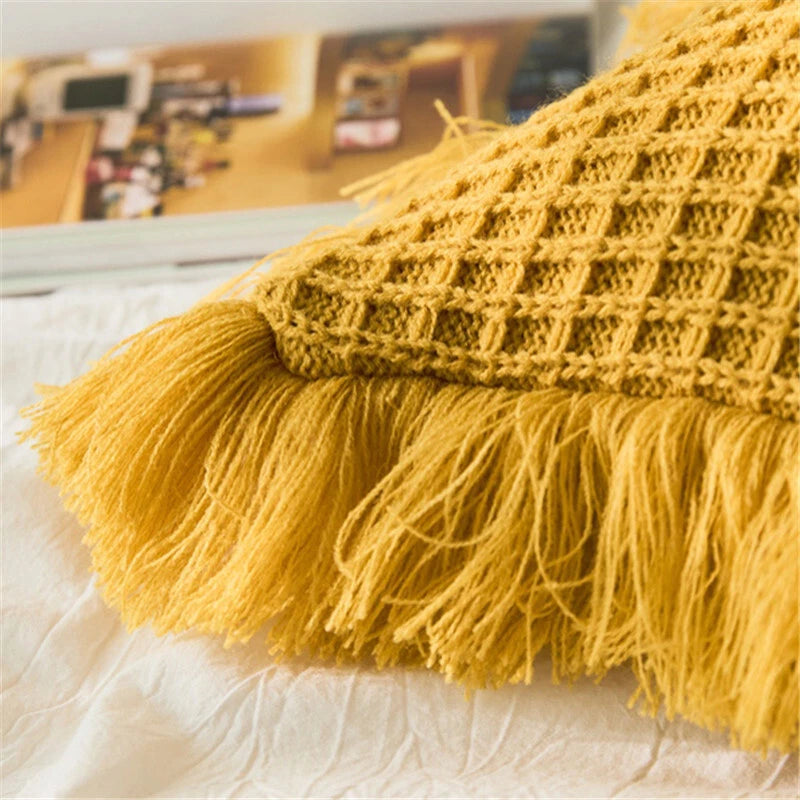 Pom Pom Cushion Cover Knitted Sofa Bed Throw Pillow Case Tassel Knit 45cm x 45cm