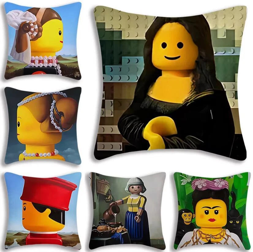 Mona Lisa Legos Pillow Covers Cartoon Sofa Decor Home Print Cute Cushion Cover