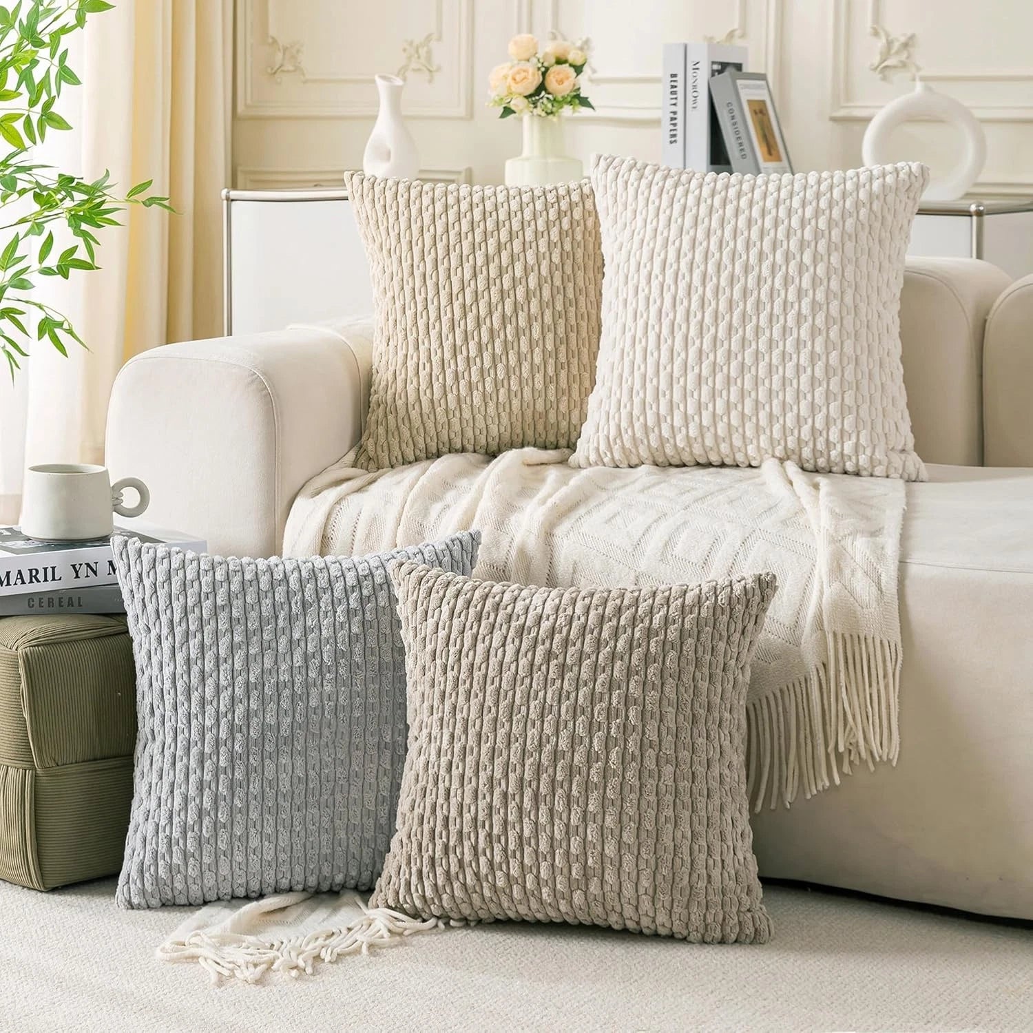 Cozoomy Set of 4 Neutral Decorative Throw Pillow Covers 18x18 Inch Corduroy Pill