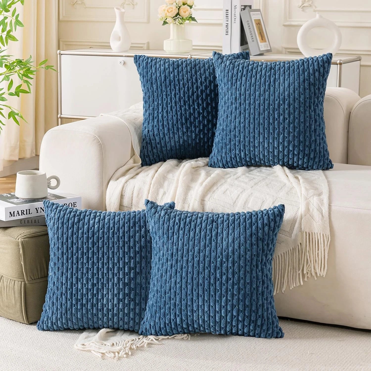 Cozoomy Set of 4 Neutral Decorative Throw Pillow Covers 18x18 Inch Corduroy Pill