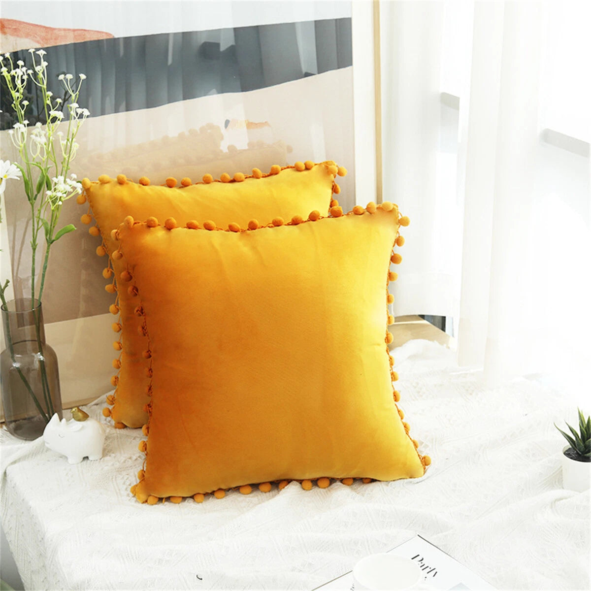 Pom Pom Velvet Cushion Covers Soft Throw Pillow Cases Sofa Car Bed Home Decor