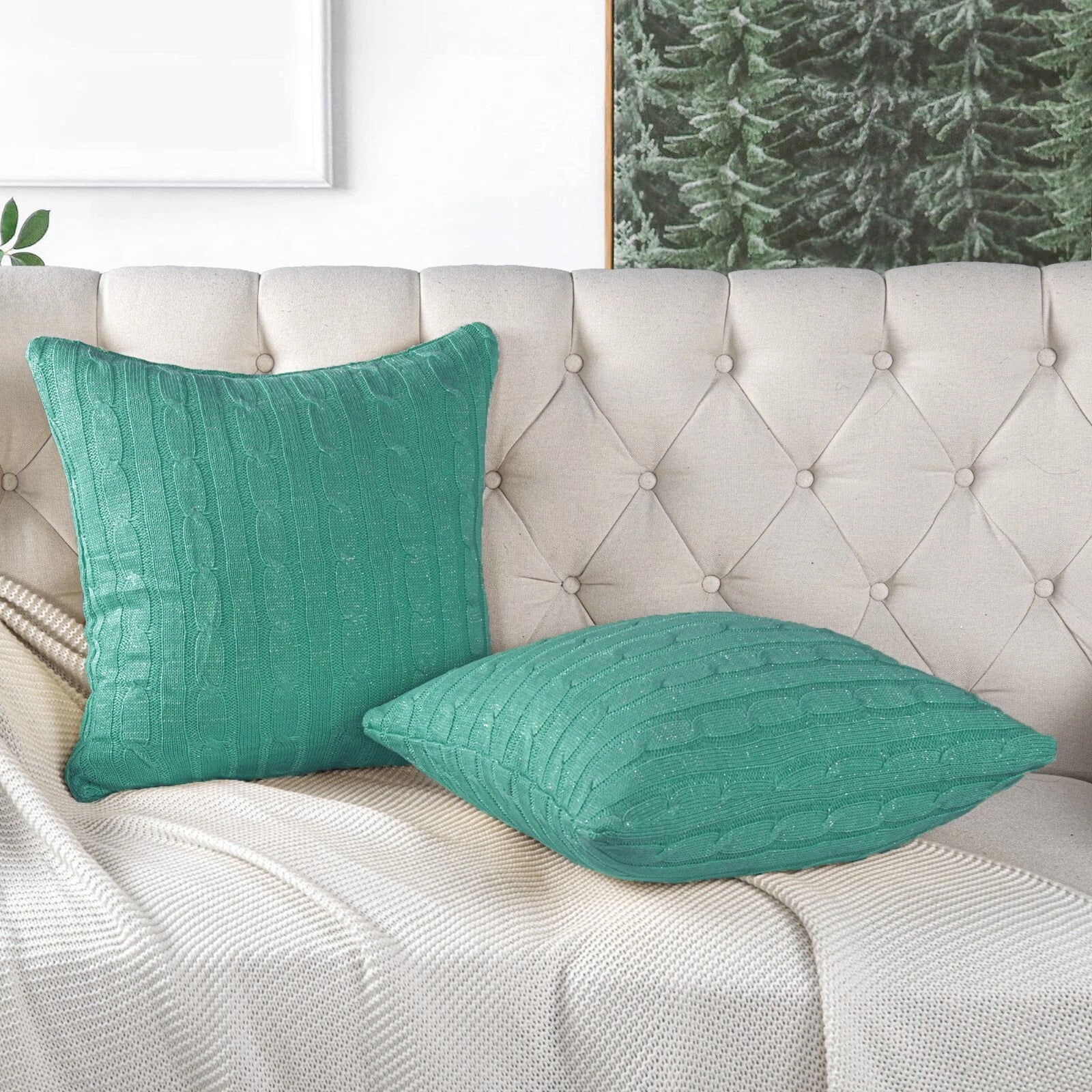 2x Cable Knit Decorative Throw Pillow Cover Square Warm Cushion Cover for Couch