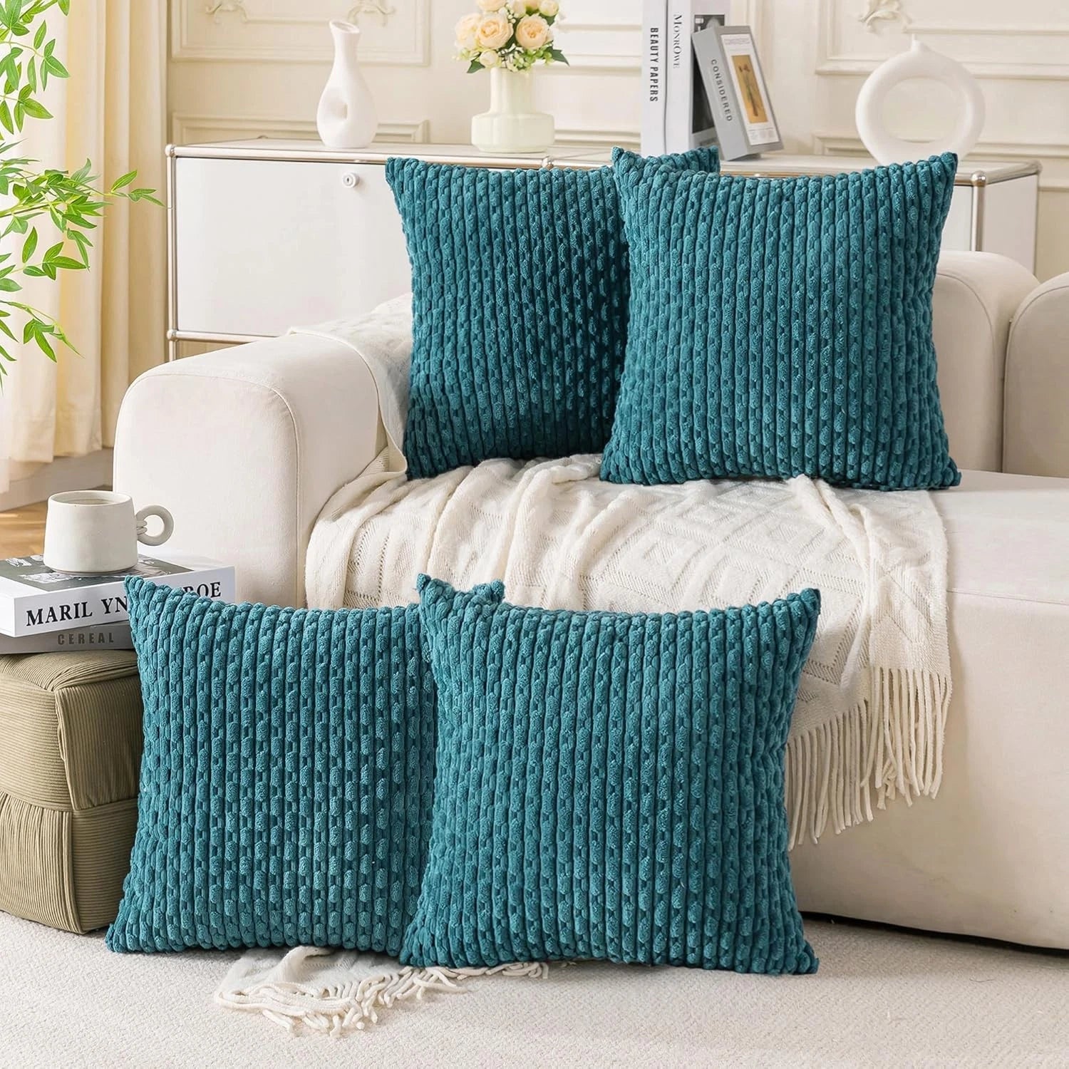 Cozoomy Set of 4 Neutral Decorative Throw Pillow Covers 18x18 Inch Corduroy Pill