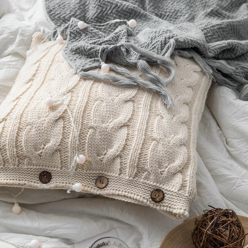 Square Knitted Throw Pillow Case Buttons Cushion Sofa Office Waist Pillow Cover