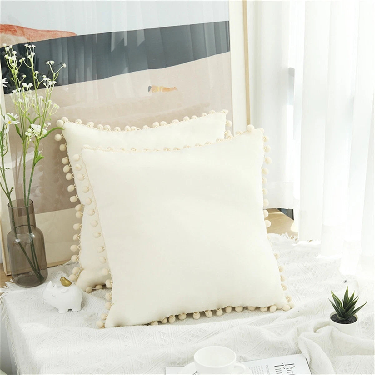 Pom Pom Velvet Cushion Covers Soft Throw Pillow Cases Sofa Car Bed Home Decor