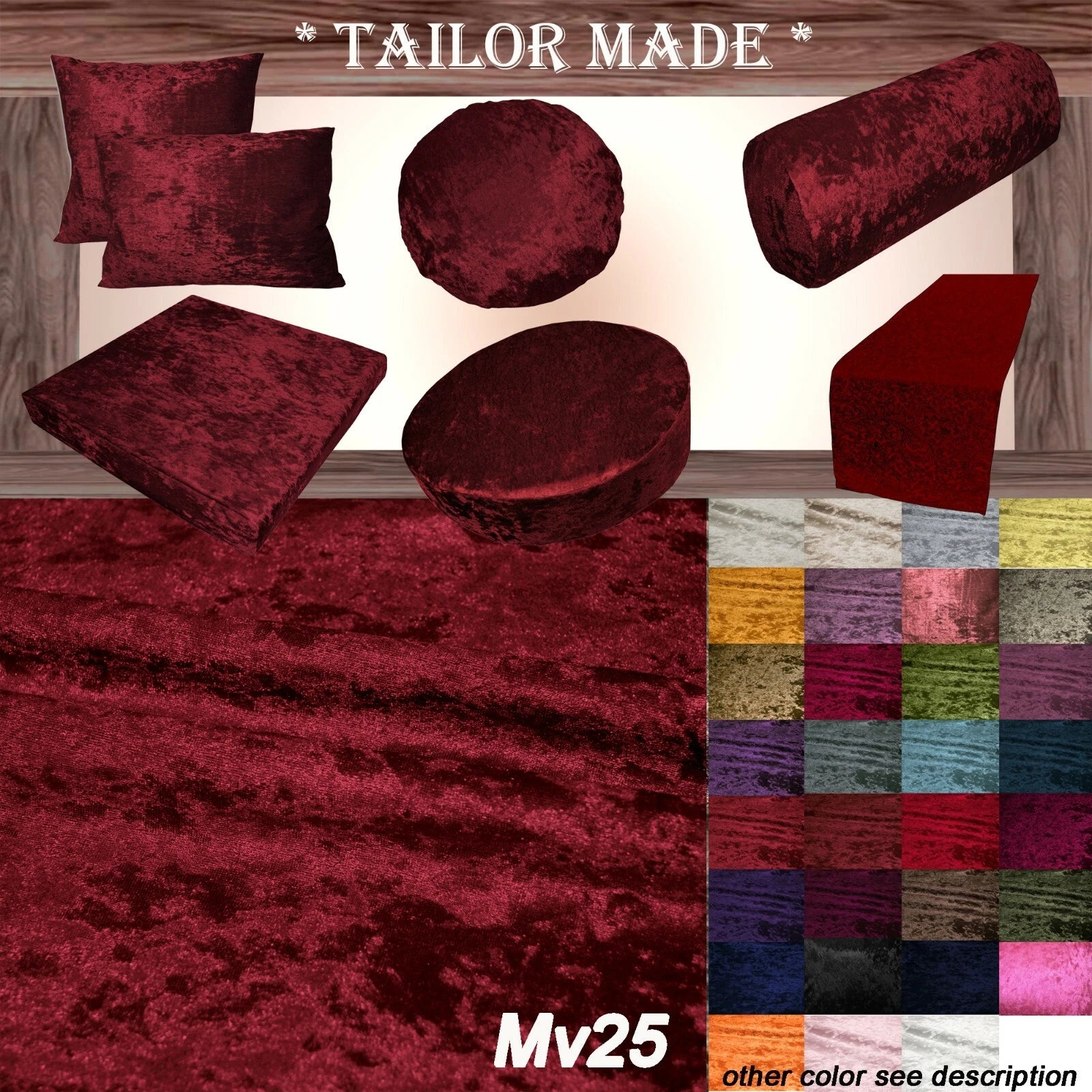 Mv25 D-Red Crushed Velvet Sofa Seat Patio Bench Box Cushion Bolster Cover/Runner