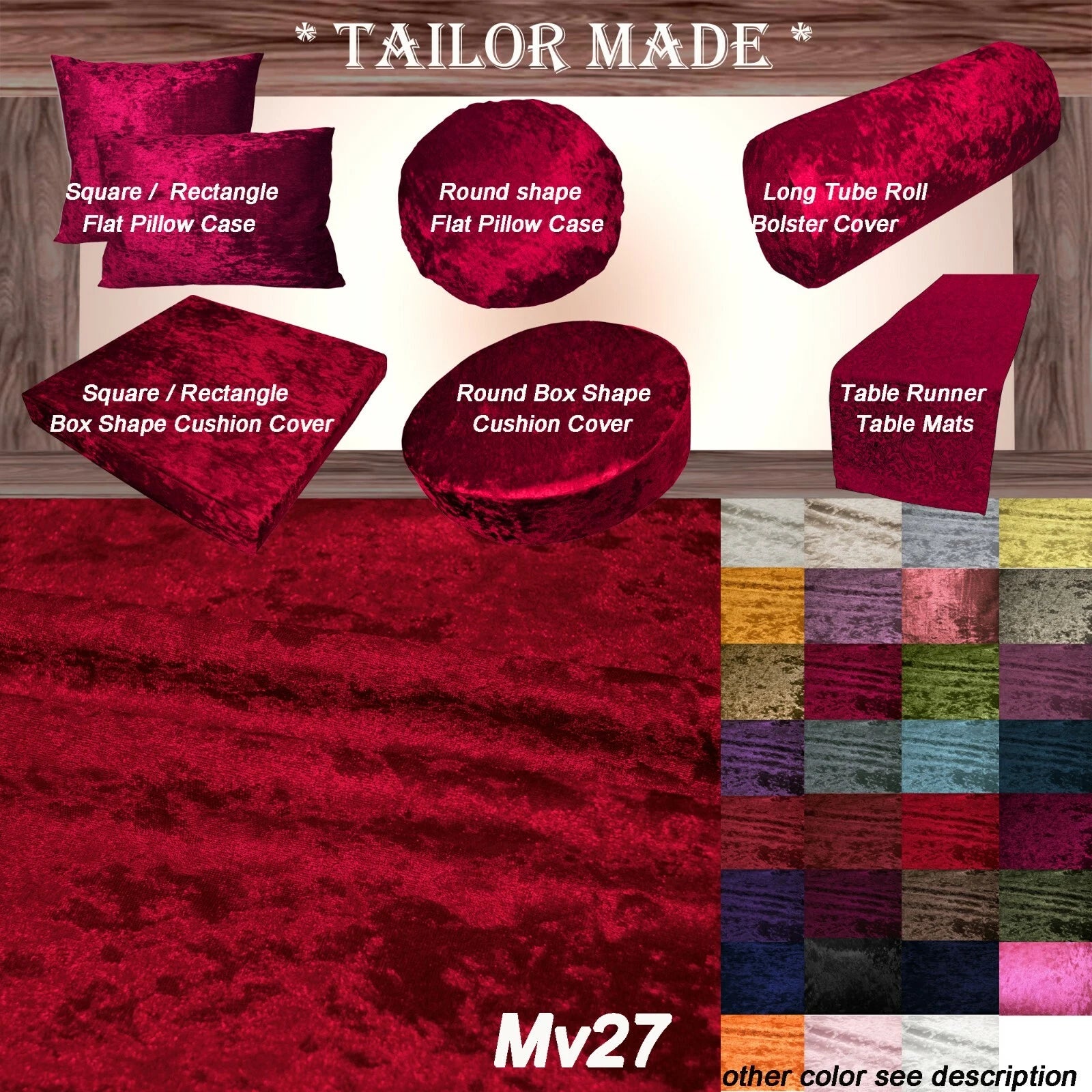 Mv27 B-Red Crushed Velvet Sofa Seat Patio Bench Box Cushion Bolster Cover/Runner