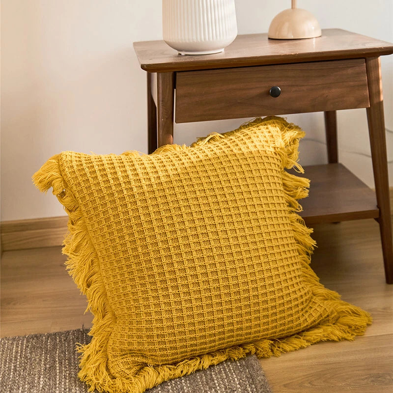 Pom Pom Cushion Cover Knitted Sofa Bed Throw Pillow Case Tassel Knit 45cm x 45cm