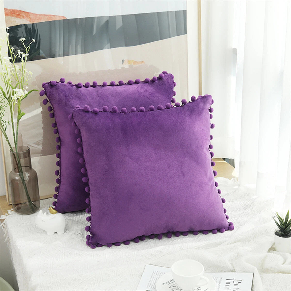 Pom Pom Velvet Cushion Covers Soft Throw Pillow Cases Sofa Car Bed Home Decor