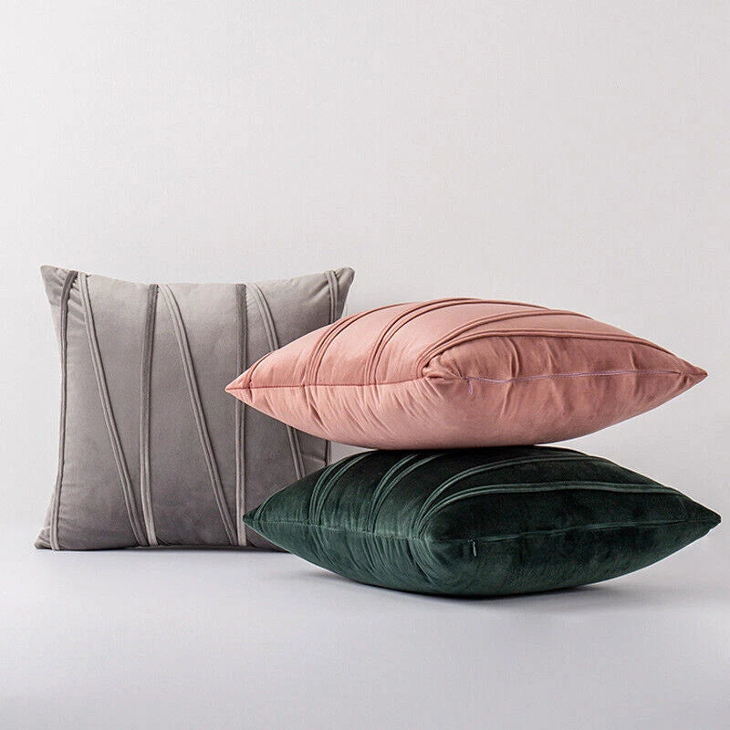 Velvet Plain Soft Cushion Cover Checks Throw Pillow Cases Sofa Home Decor