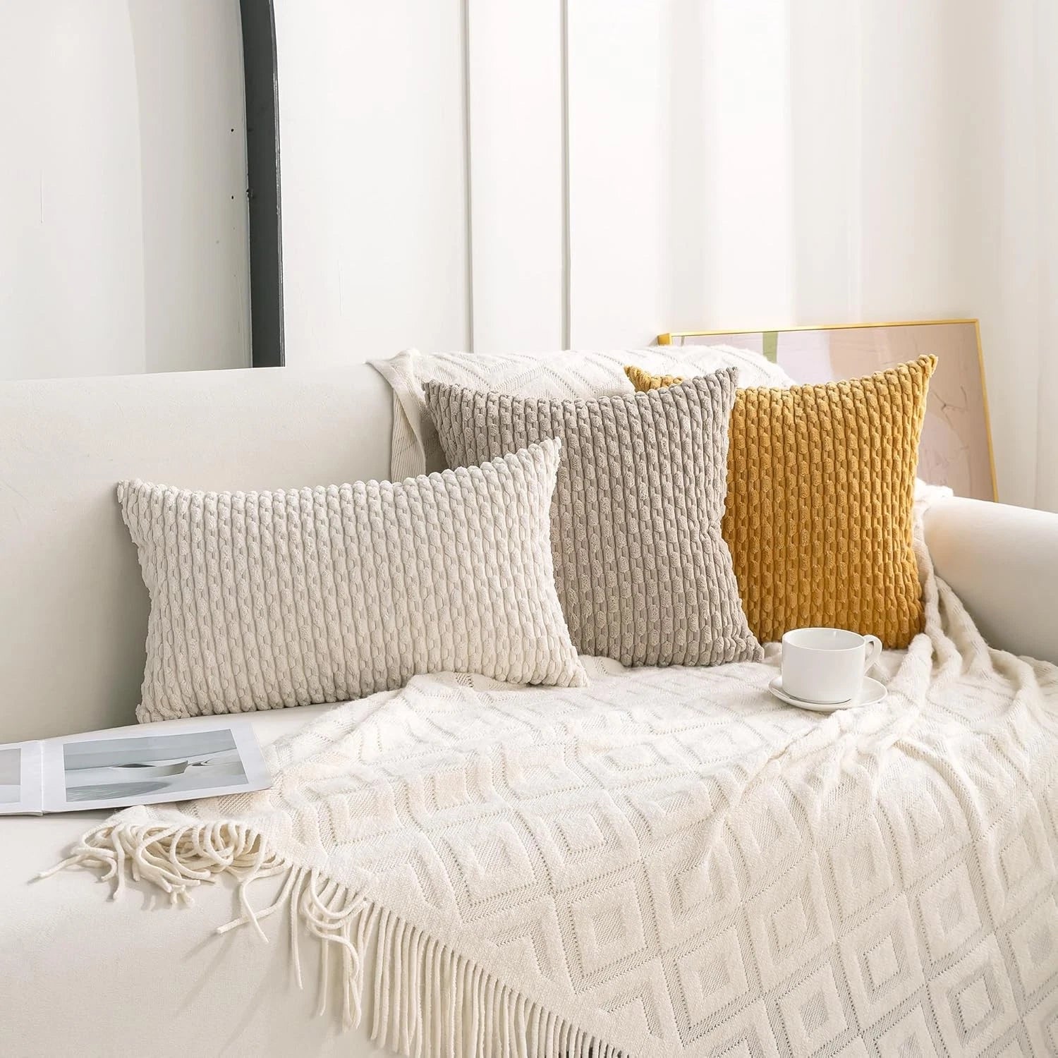 Cozoomy Set of 4 Neutral Decorative Throw Pillow Covers 18x18 Inch Corduroy Pill