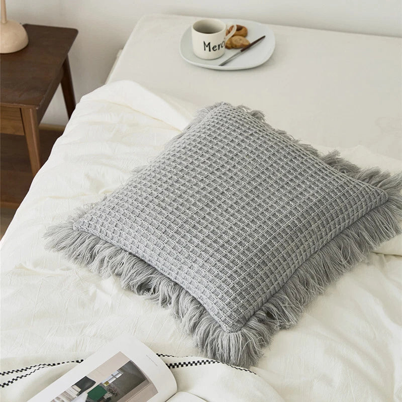 Pom Pom Cushion Cover Knitted Sofa Bed Throw Pillow Case Tassel Knit 45cm x 45cm