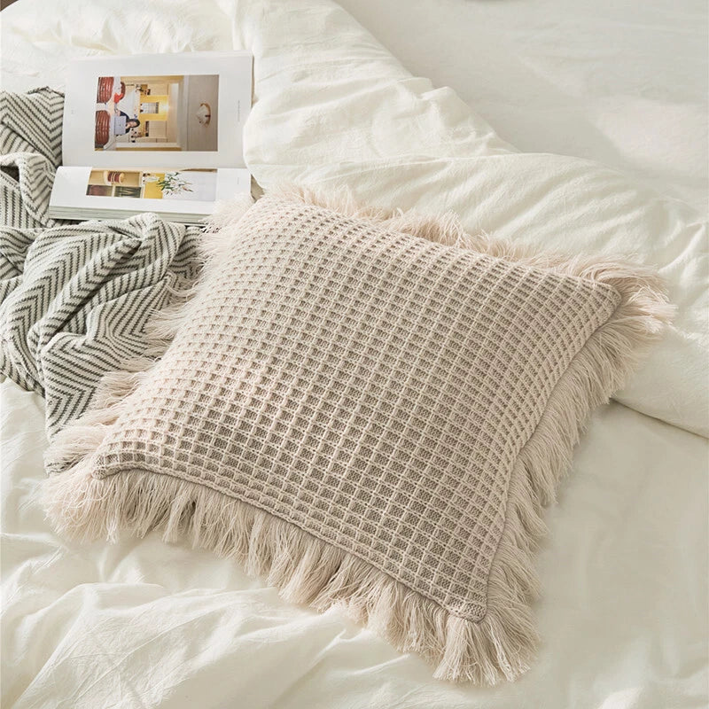 Pom Pom Cushion Cover Knitted Sofa Bed Throw Pillow Case Tassel Knit 45cm x 45cm