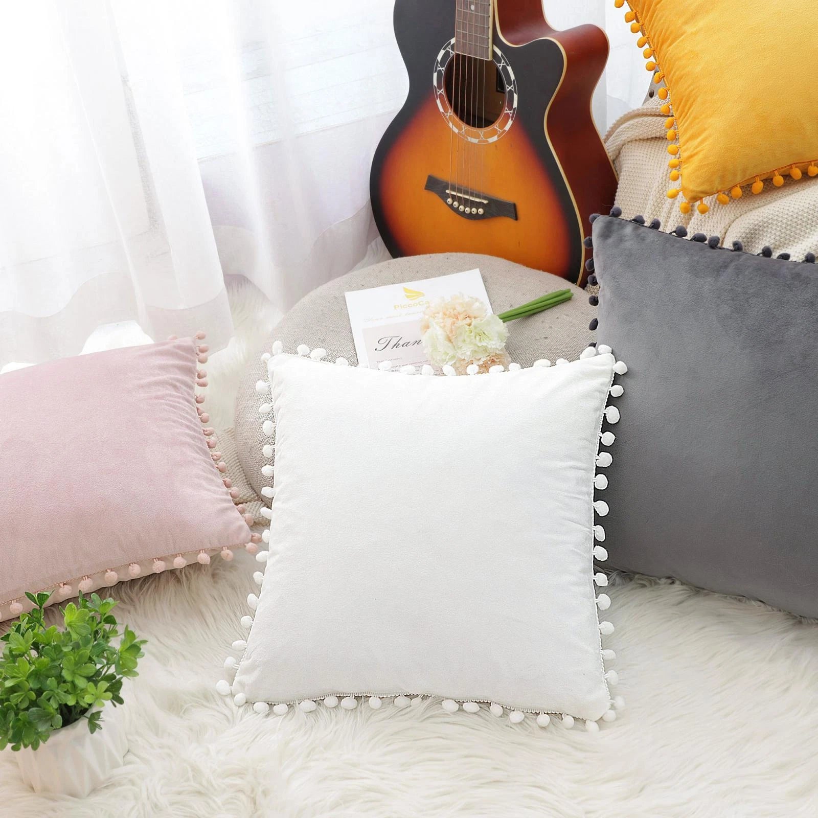 Velvet Pillow Cover with Pompoms for Sofa Bed 1PCS