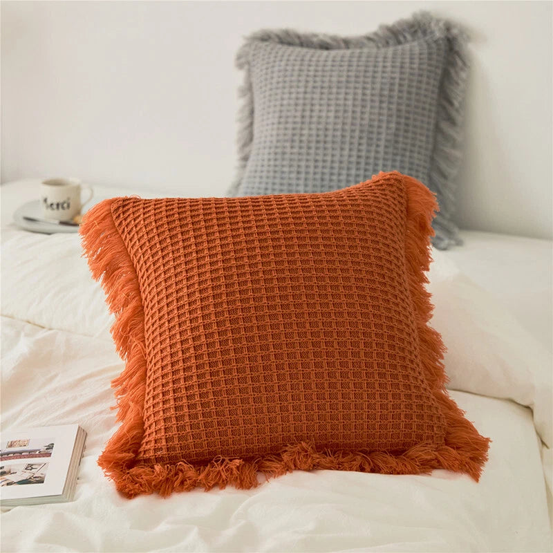 Pom Pom Cushion Cover Knitted Sofa Bed Throw Pillow Case Tassel Knit 45cm x 45cm