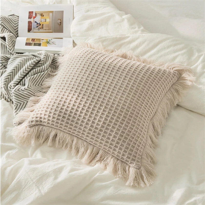 Pom Pom Cushion Cover Knitted Sofa Bed Throw Pillow Case Tassel Knit 45cm x 45cm