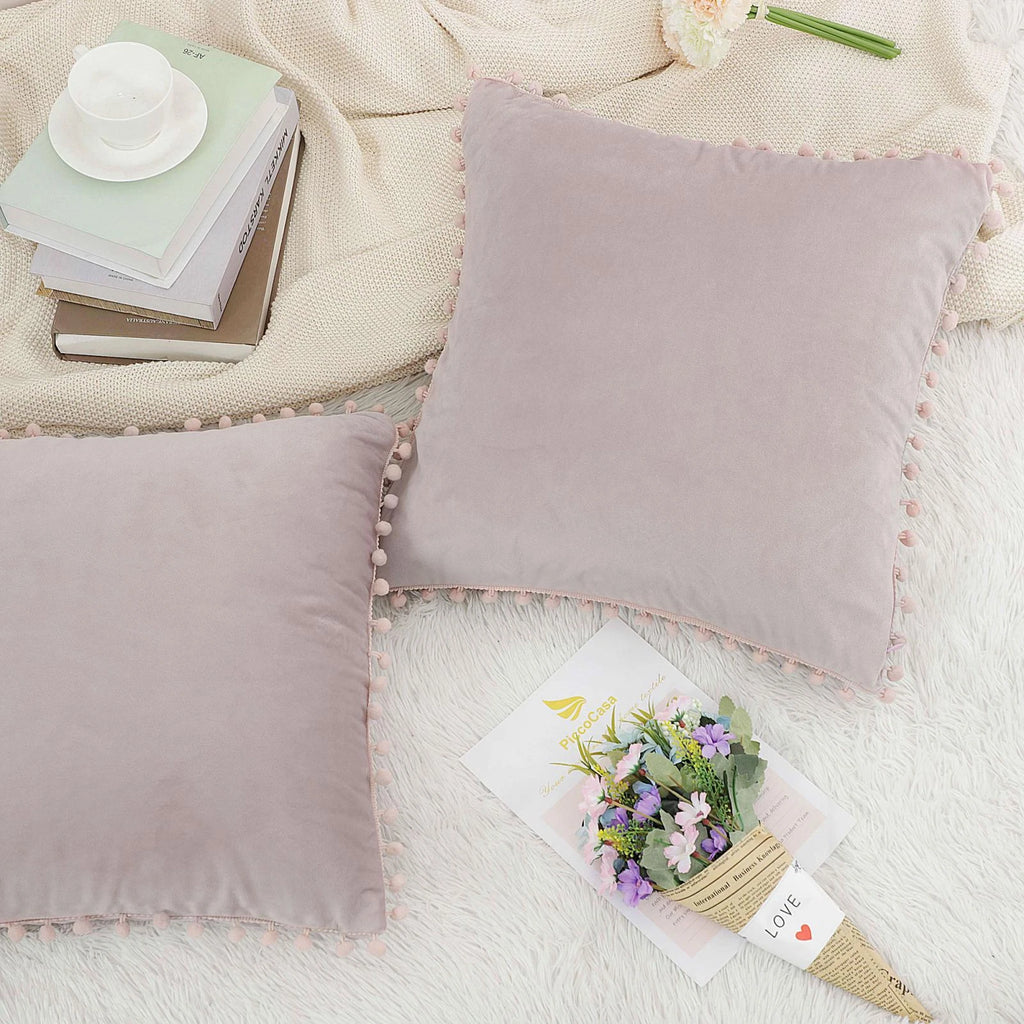 Velvet Pillow Cover with Pompoms for Sofa Bed 1PCS