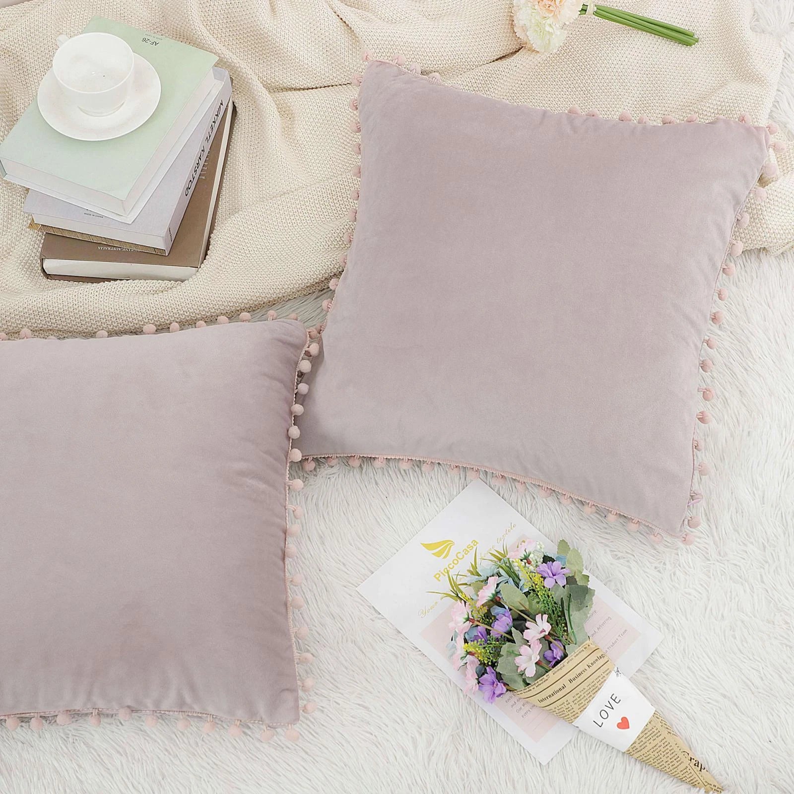 Velvet Pillow Cover with Pompoms for Sofa Bed 1PCS