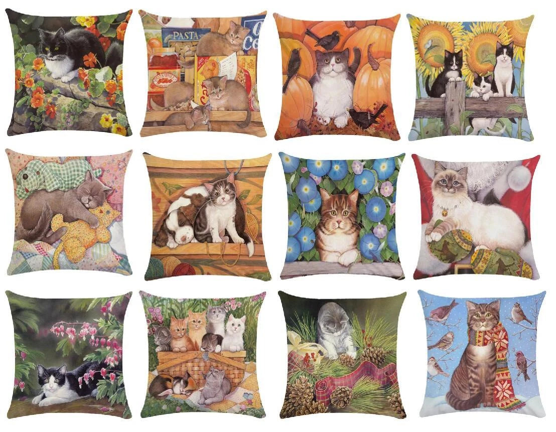 Cute Cat Pillowcase Art Kitty Paint Pillow Cover for Bed Sofa Cushion Home Decor
