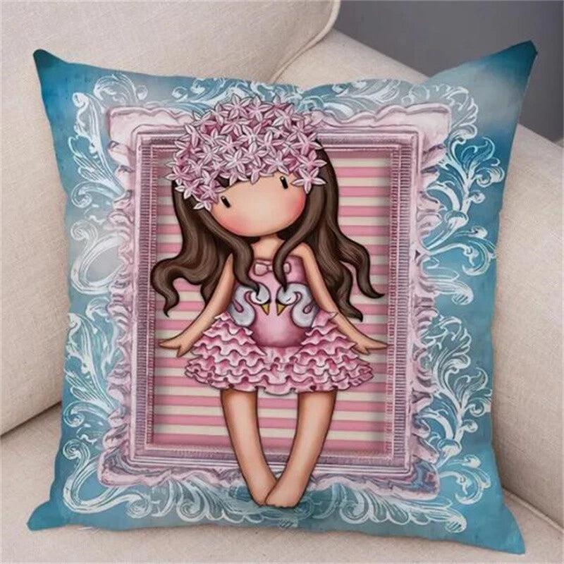 Cute Cartoon Little Girl Decor Lovely Cushion Cover for Sofa Home Pillow Case