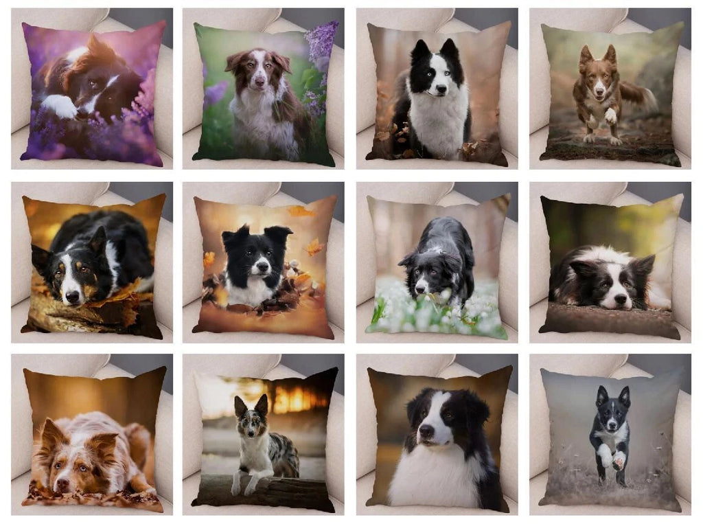 Short Plush Animal Cushion Cover Border Collie Pillowcase for Sofa Car Decor