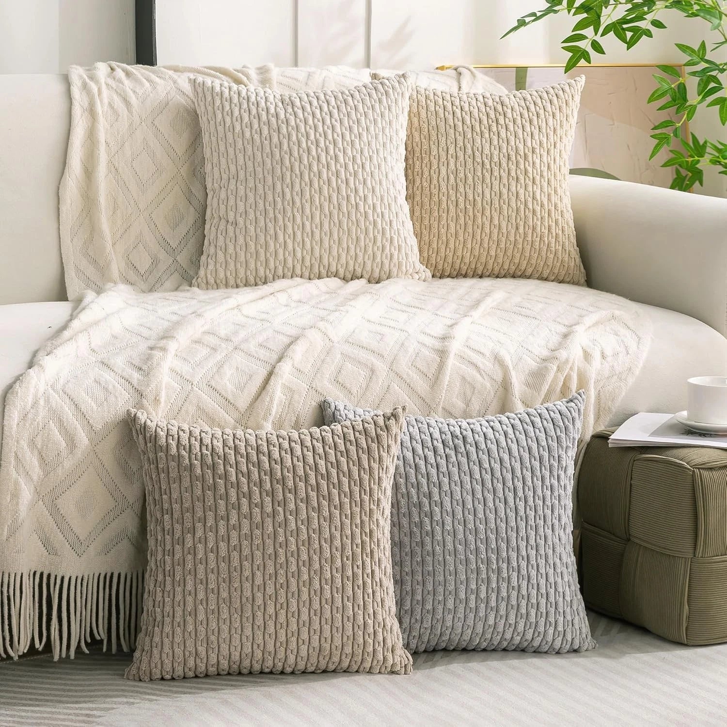 Cozoomy Set of 4 Neutral Decorative Throw Pillow Covers 18x18 Inch Corduroy Pill