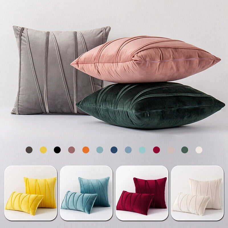 Velvet Plain Soft Cushion Cover Checks Throw Pillow Cases Sofa Home Decor