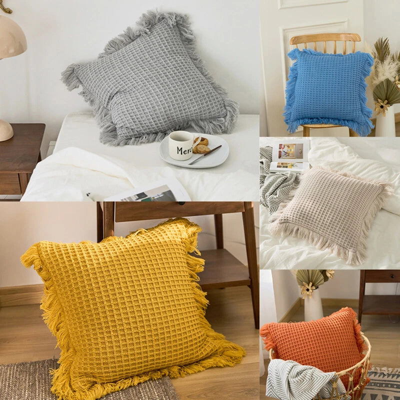 Pom Pom Cushion Cover Knitted Sofa Bed Throw Pillow Case Tassel Knit 45cm x 45cm