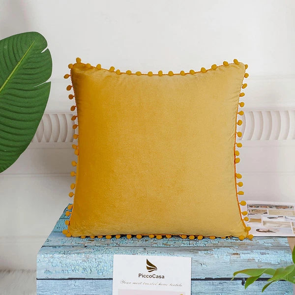 Velvet Pillow Cover with Pompoms for Sofa Bed 1PCS