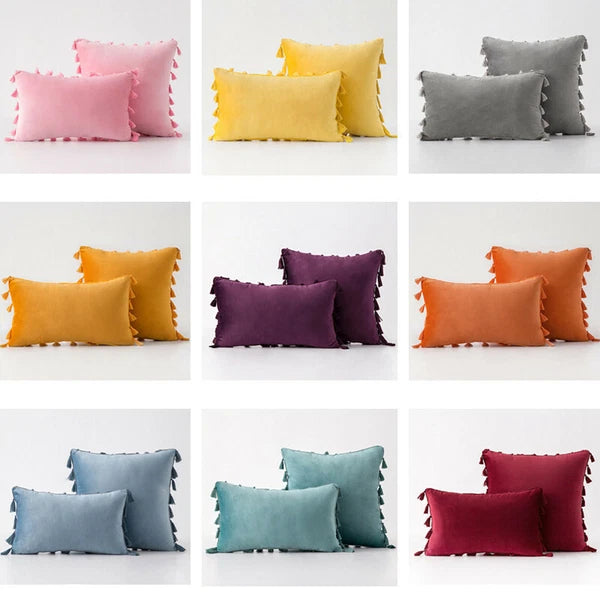 Tassel Velvet Sofa Pillow Cover Solid Plush Sofa Cushion Cover Fringe Pillowcase