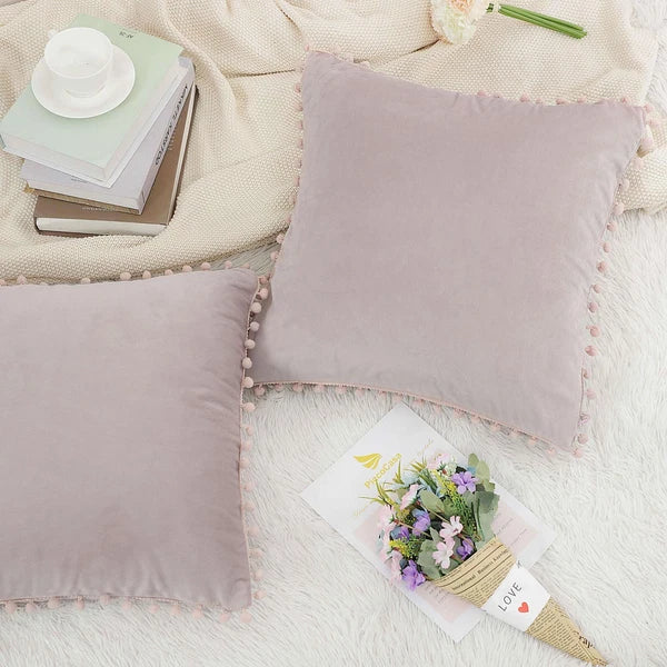 Velvet Pillow Cover with Pompoms for Sofa Bed 1PCS