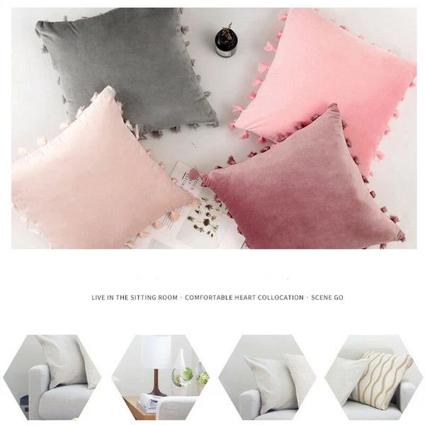 Tassel Velvet Sofa Pillow Cover Solid Plush Sofa Cushion Cover Fringe Pillowcase