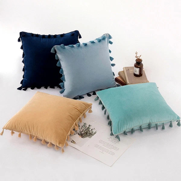 Tassel Velvet Sofa Pillow Cover Solid Plush Sofa Cushion Cover Fringe Pillowcase