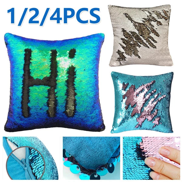 Pillow Cover Mermaid Glitter Sequins Cushion Case Home Sofa Decorative 16" x 16