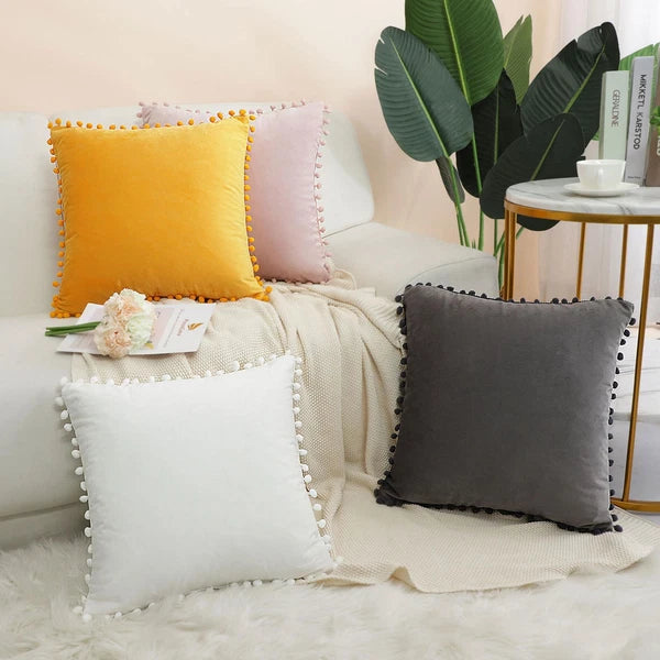 Velvet Pillow Cover with Pompoms for Sofa Bed 1PCS